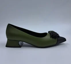 BALLERINE PELLE BICOLOR APPLICAZIONE FIOCCO VERDE