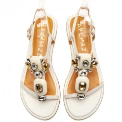 SANDALI IN PELLE CON APPLICAZIONE PIETRE BIANCHE